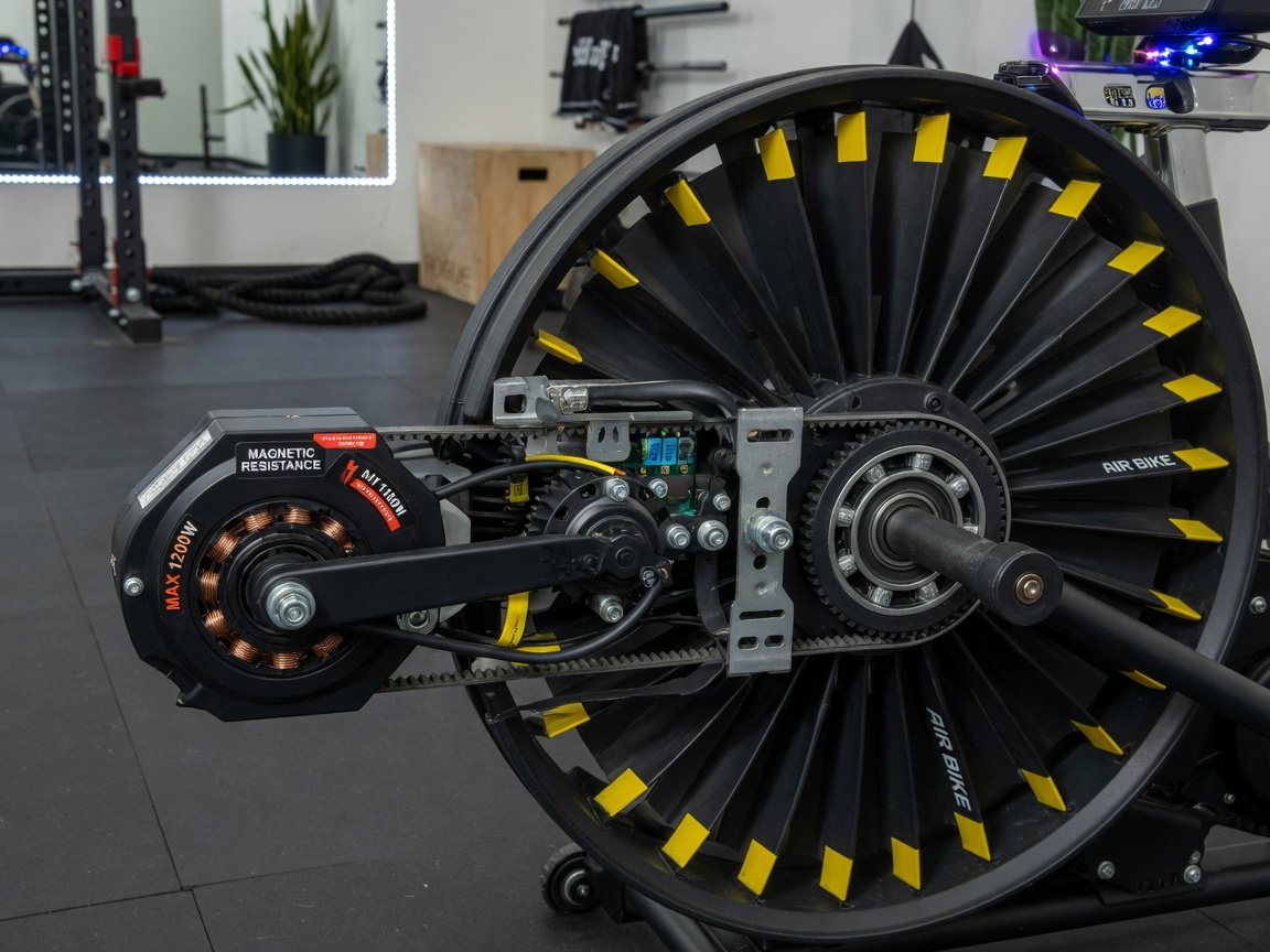 Close-up of a dual resistance air bike showing the magnetic brake system alongside the fan wheel, modern home gym