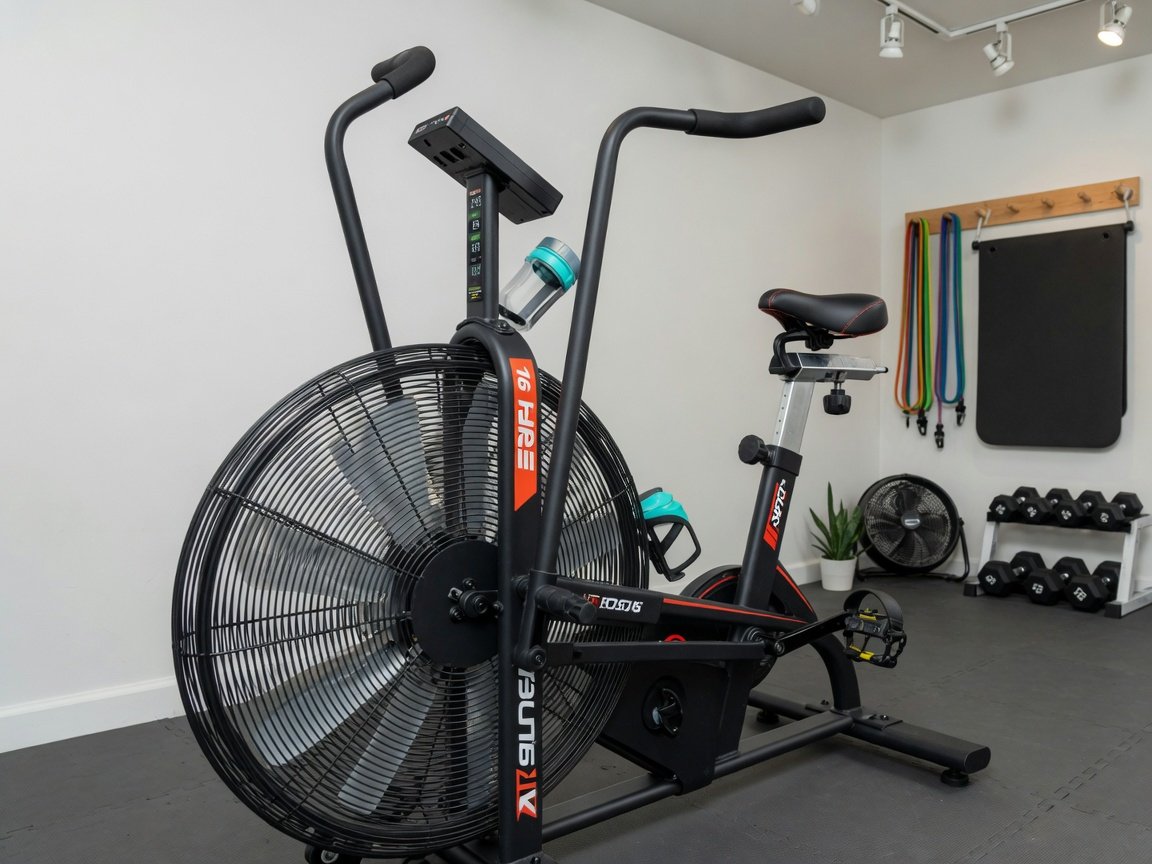 Upright air resistance fan bike in a compact home gym setup, showing dual-action handlebars and large fan wheel, clean