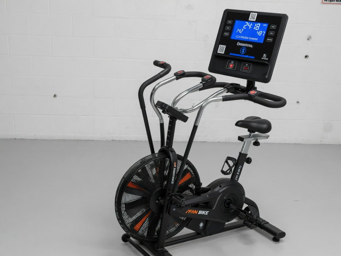 Clean product shot of an upright air resistance fan exercise bike against a white gym wall, showing Bluetooth display