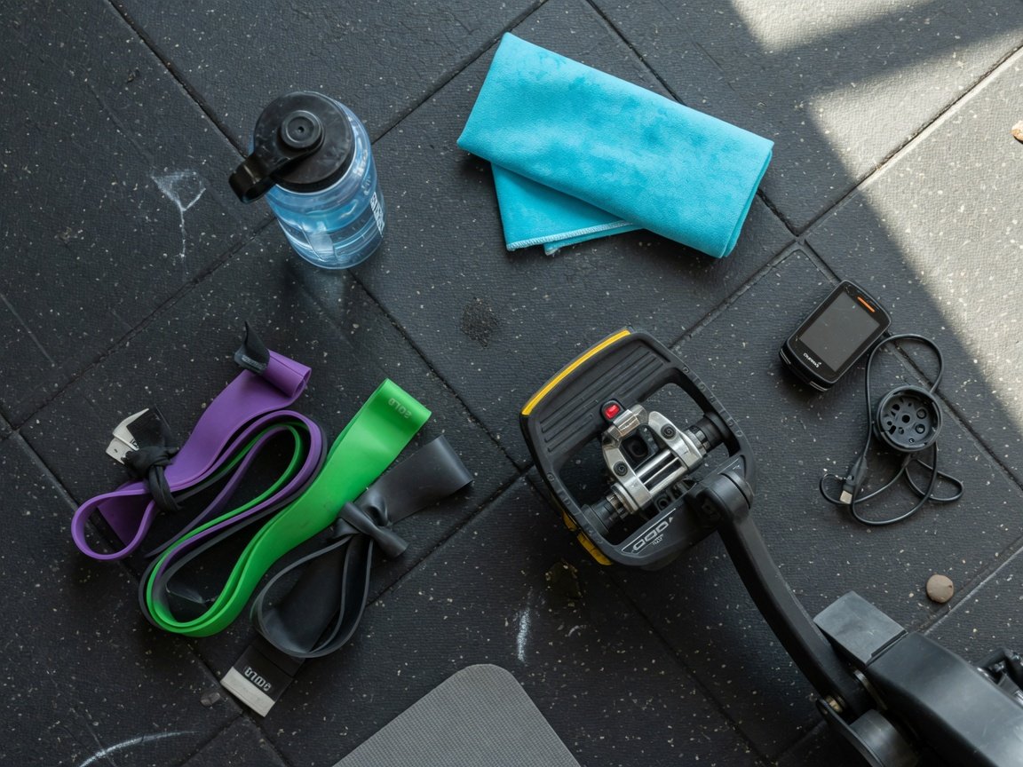 Flat-lay arrangement of home gym accessories on rubber floor tiles — water bottle, resistance bands, towel, and a