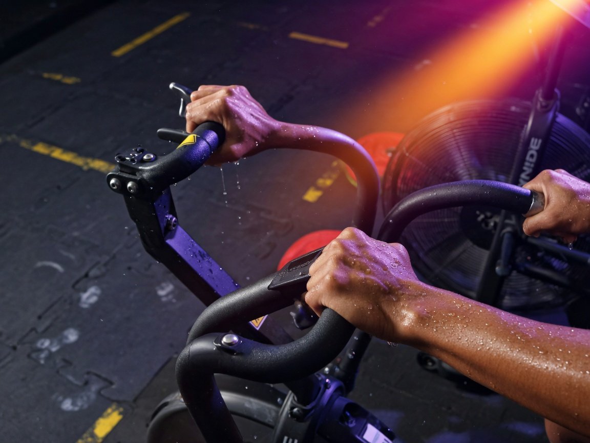 Close-up of a person's hands gripping dual-action air bike handlebars mid-sprint, sweat visible, gym floor rubber tiles