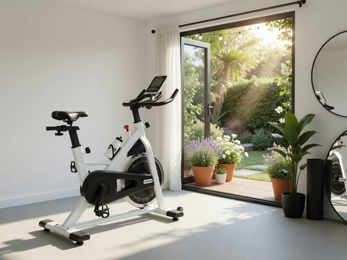 A clean white and black magnetic spin bike positioned near an open glass patio door with outdoor garden light flooding