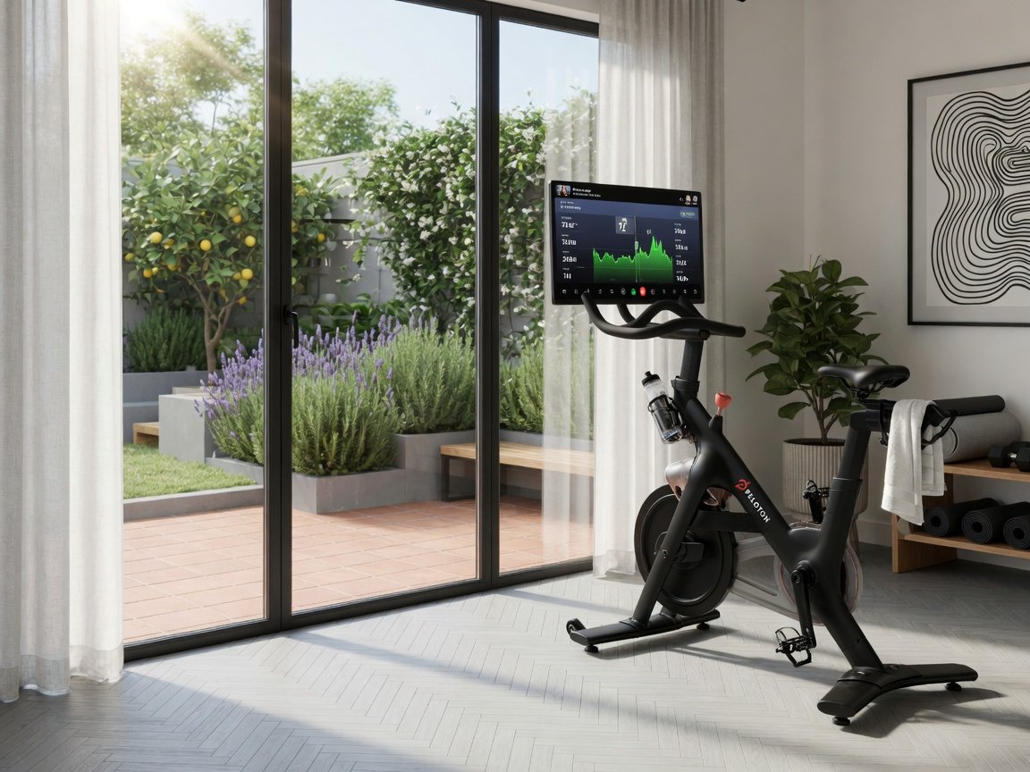 Premium exercise bike with a large bright HD touchscreen displaying workout metrics, positioned beside glass patio