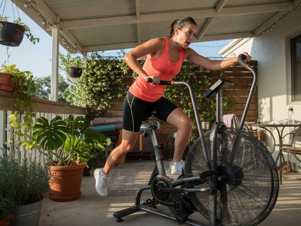 Air resistance fan bike with dual-action push-pull handlebars in a covered outdoor patio space, person in athletic wear