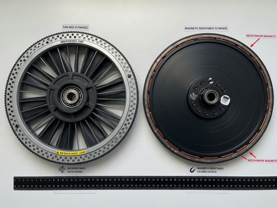 Side-by-side flat lay comparison of a fan bike flywheel and a magnetic resistance flywheel on a clean white surface