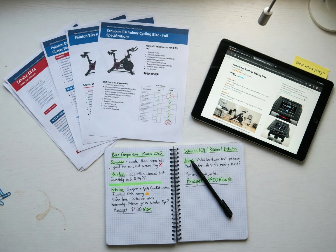 Flat-lay research setup showing printed exercise bike spec sheets, a notebook with handwritten comparison notes, and a