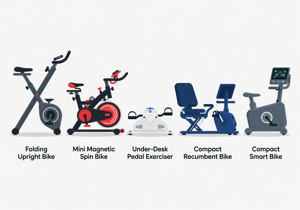 Five types of compact exercise bikes for small spaces flat design illustration 2026