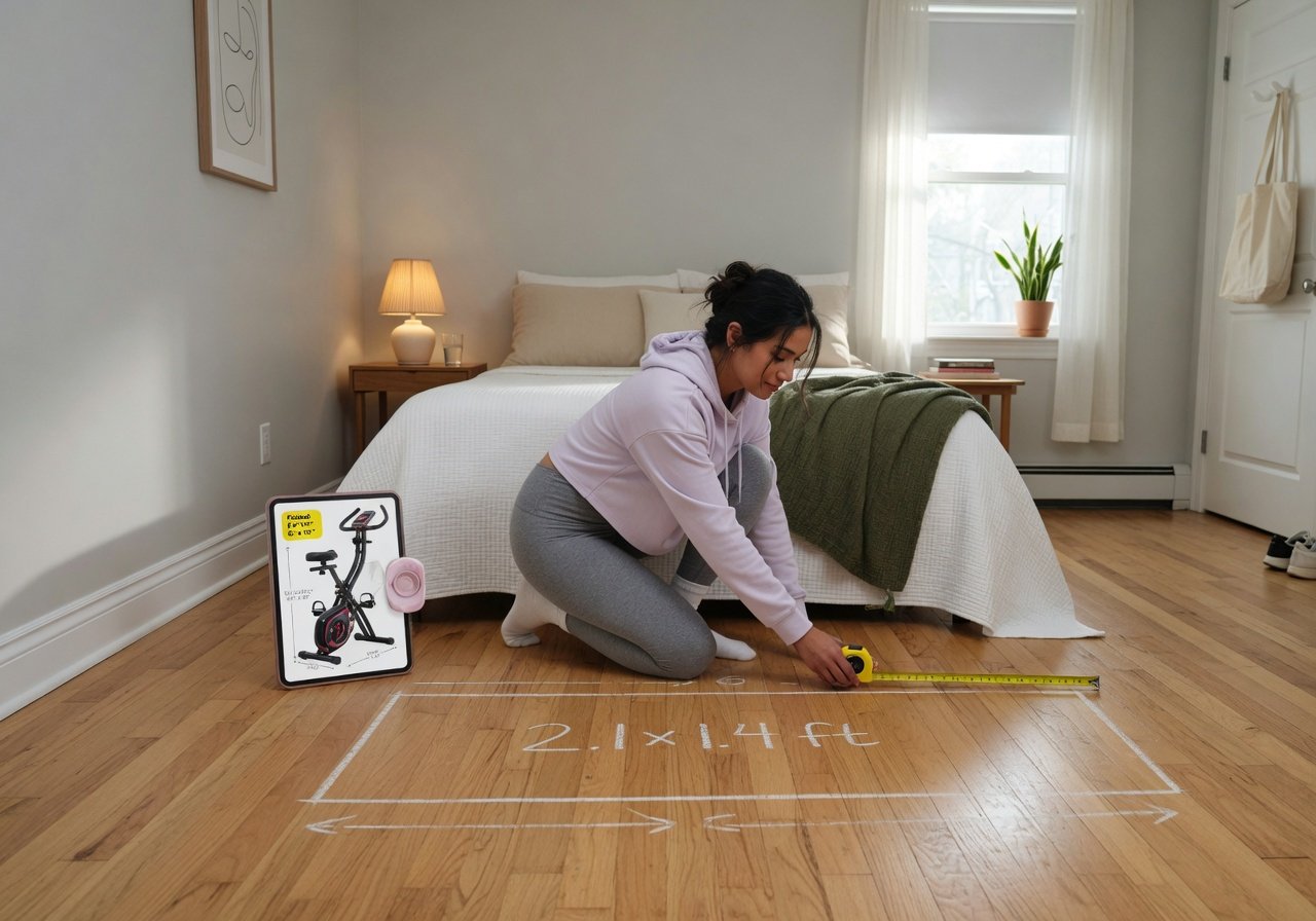 Woman measuring floor space for compact exercise bike setup in small apartment bedroom