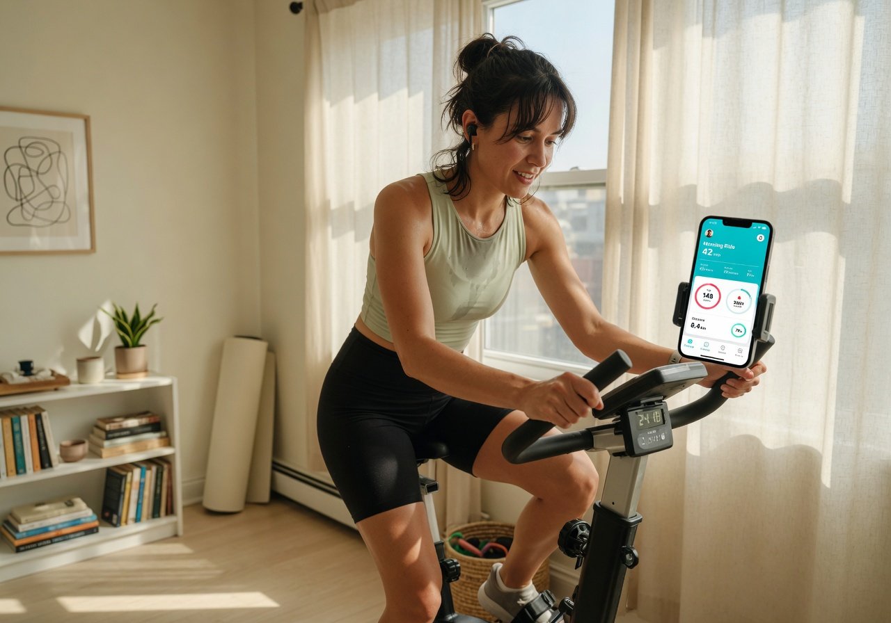 Woman riding compact exercise bike in small apartment checking fitness tracking app on phone