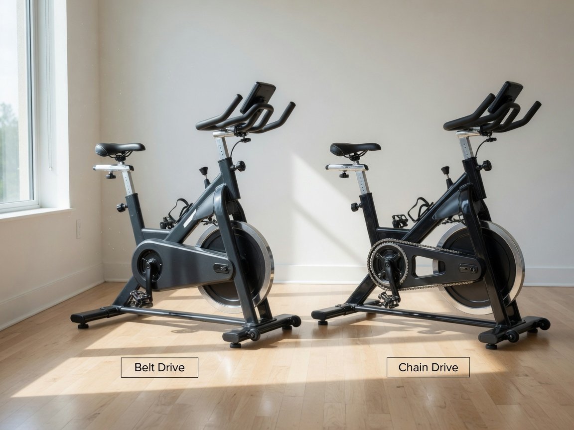 Side-by-side comparison of a belt drive spin bike and a chain drive spin bike in a bright home gym