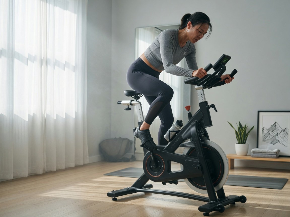 Person riding a belt drive spin bike at home during an early morning workout session