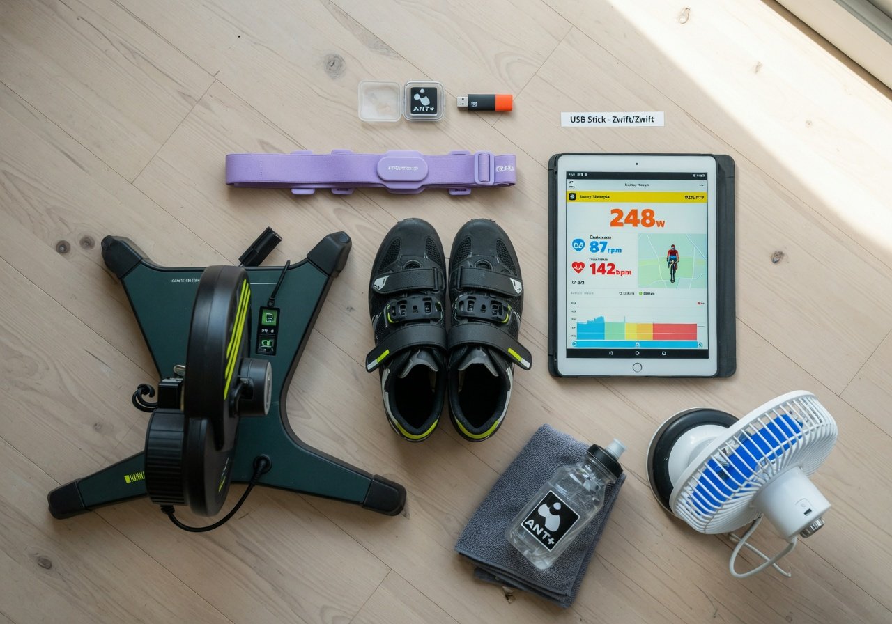 Virtual cycling equipment flat-lay showing smart trainer, cycling shoes, heart rate monitor, tablet with cycling app dashboard