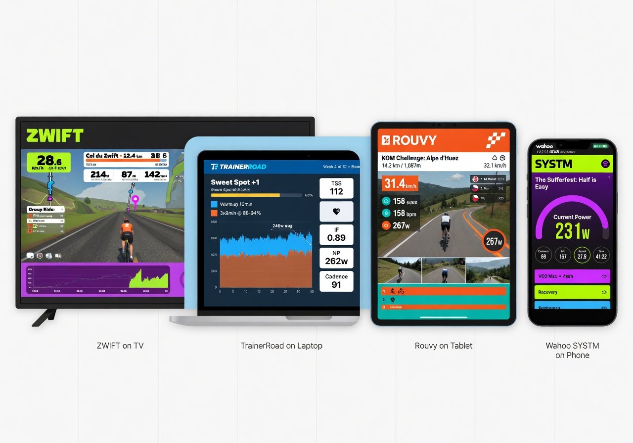 Virtual cycling platform comparison showing Zwift, TrainerRoad, Rouvy and Wahoo SYSTM interfaces on multiple devices