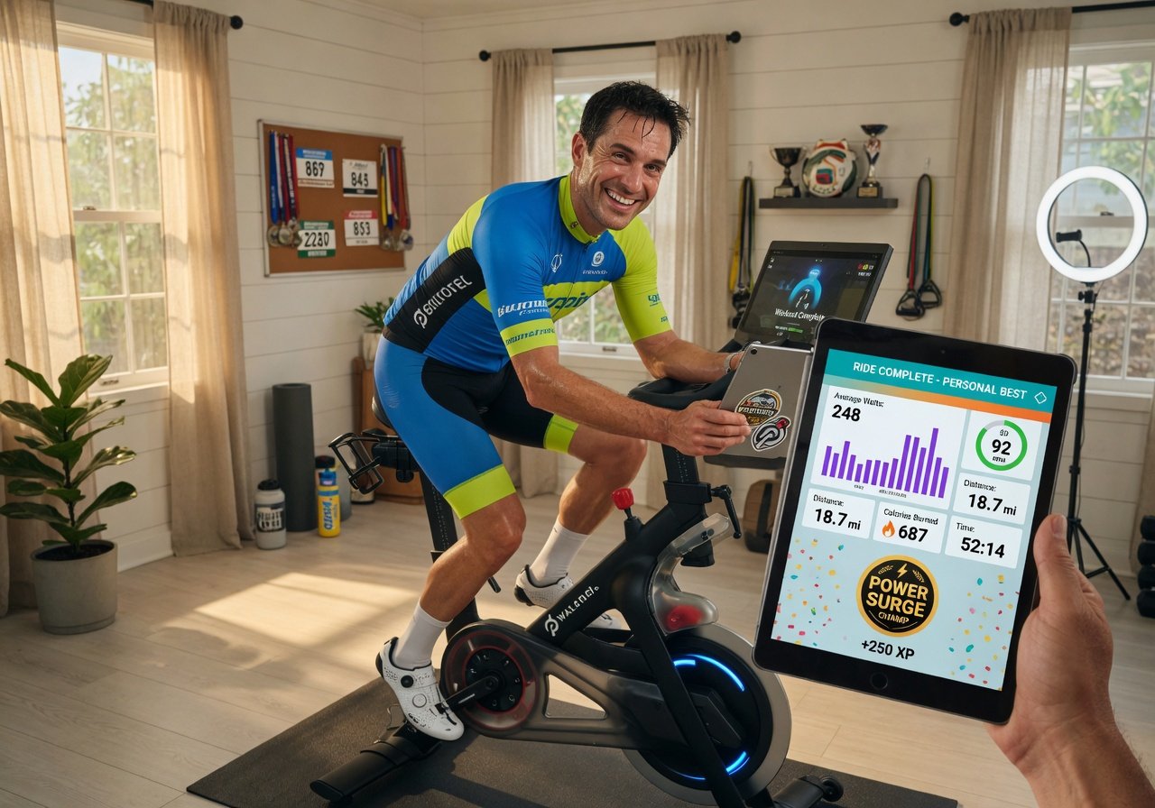 Happy cyclist finishing a virtual cycling workout viewing achievement stats and power data on a tablet app