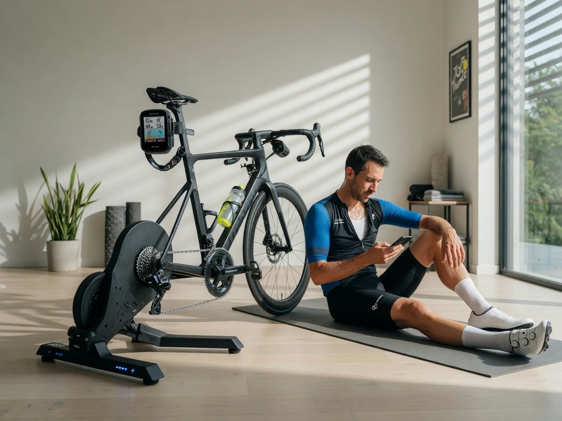 Hands attaching a small cadence sensor to a bike crank beside a tablet showing a Bluetooth pairing screen