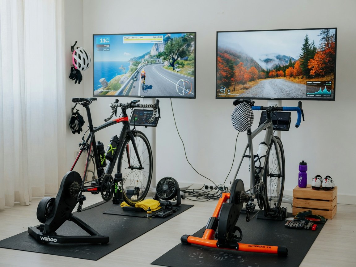 GPS cycling computer mounted on indoor bike stem, TV screen blurred in background during a virtual training session