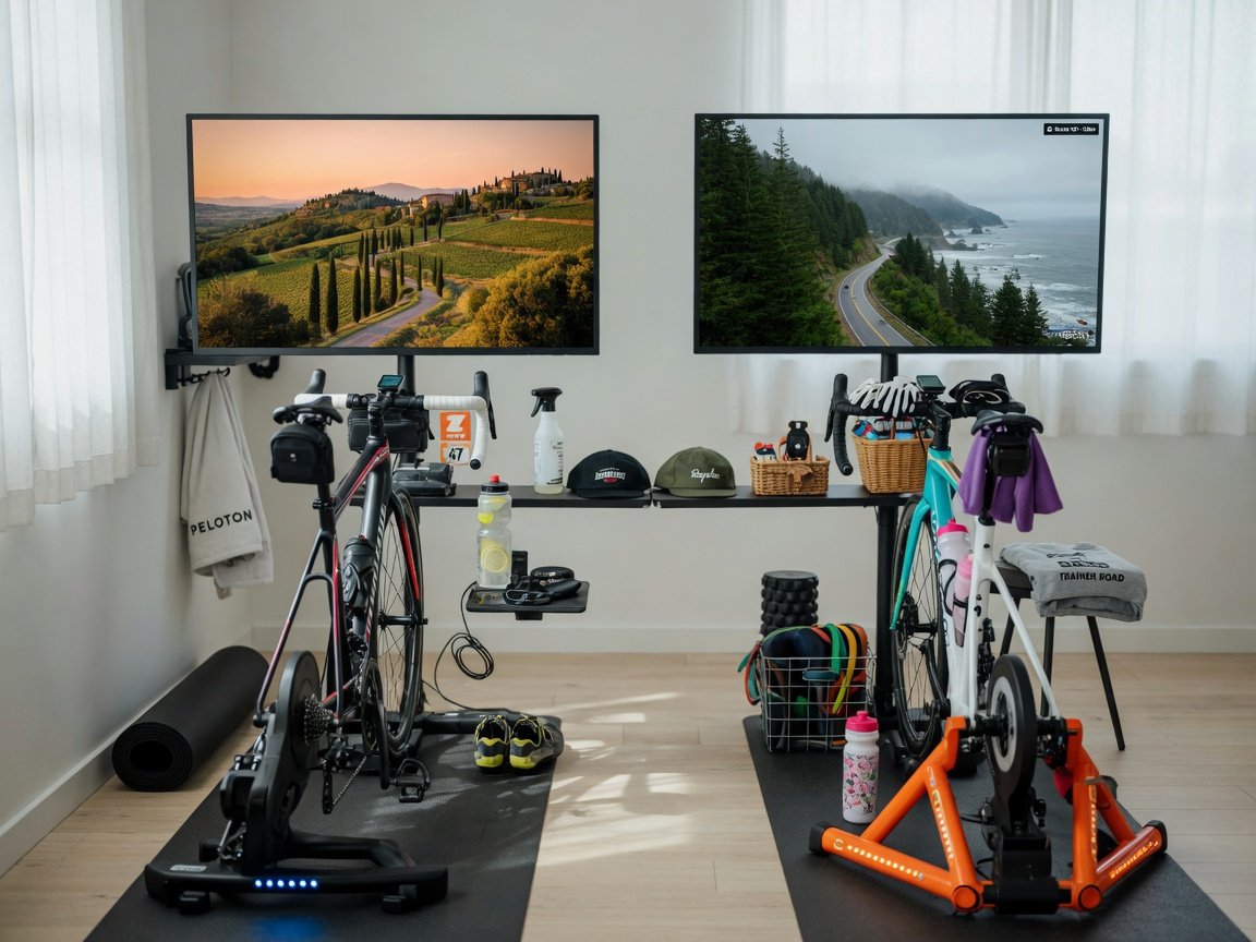 Two indoor cycling trainer stations side by side, each facing a monitor displaying a different virtual riding environment