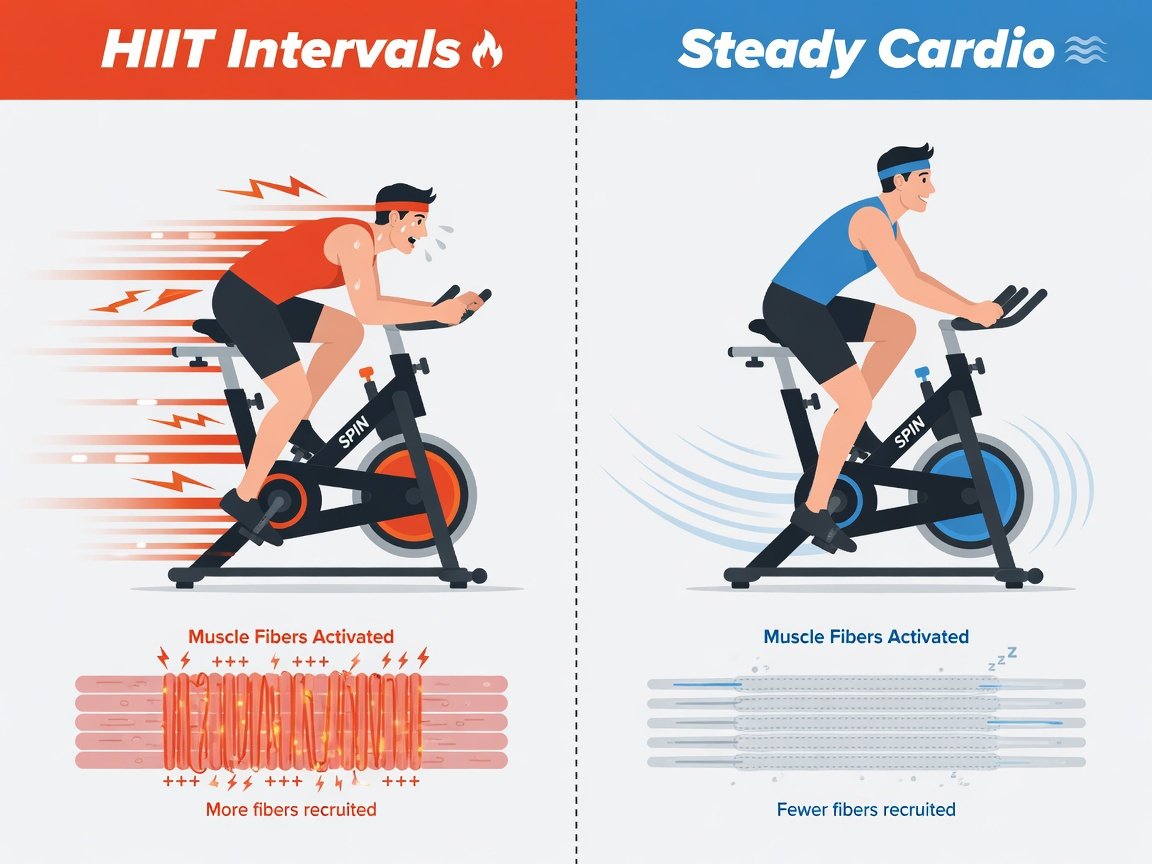 Split comparison infographic showing HIIT interval cycling versus steady-state cardio muscle fiber engagement