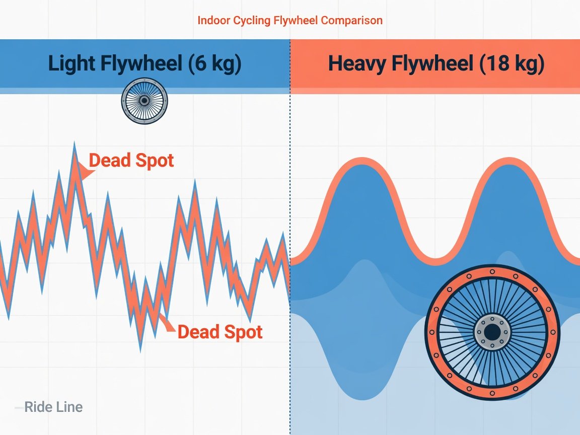 Flat design illustration comparing light versus heavy flywheel ride feel on magnetic resistance exercise bikes