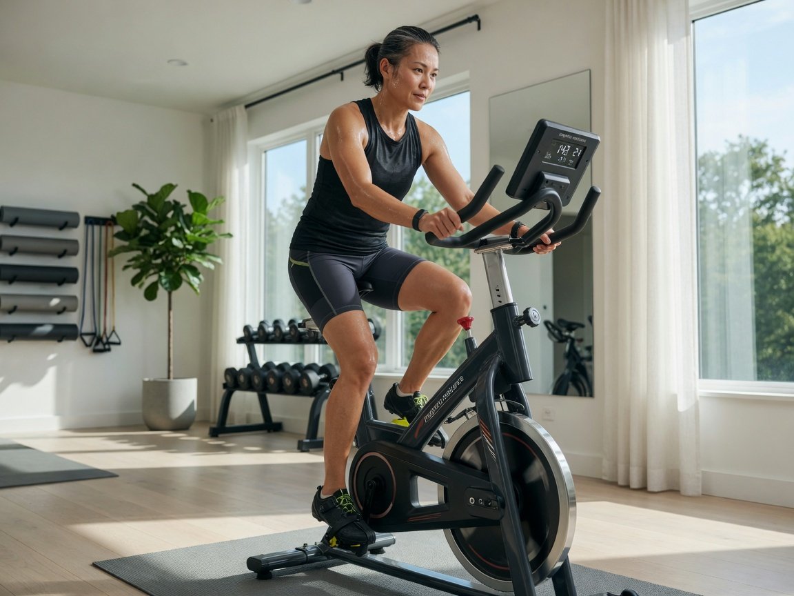 Person enjoying a smooth comfortable workout on a premium magnetic resistance exercise bike in a bright home gym