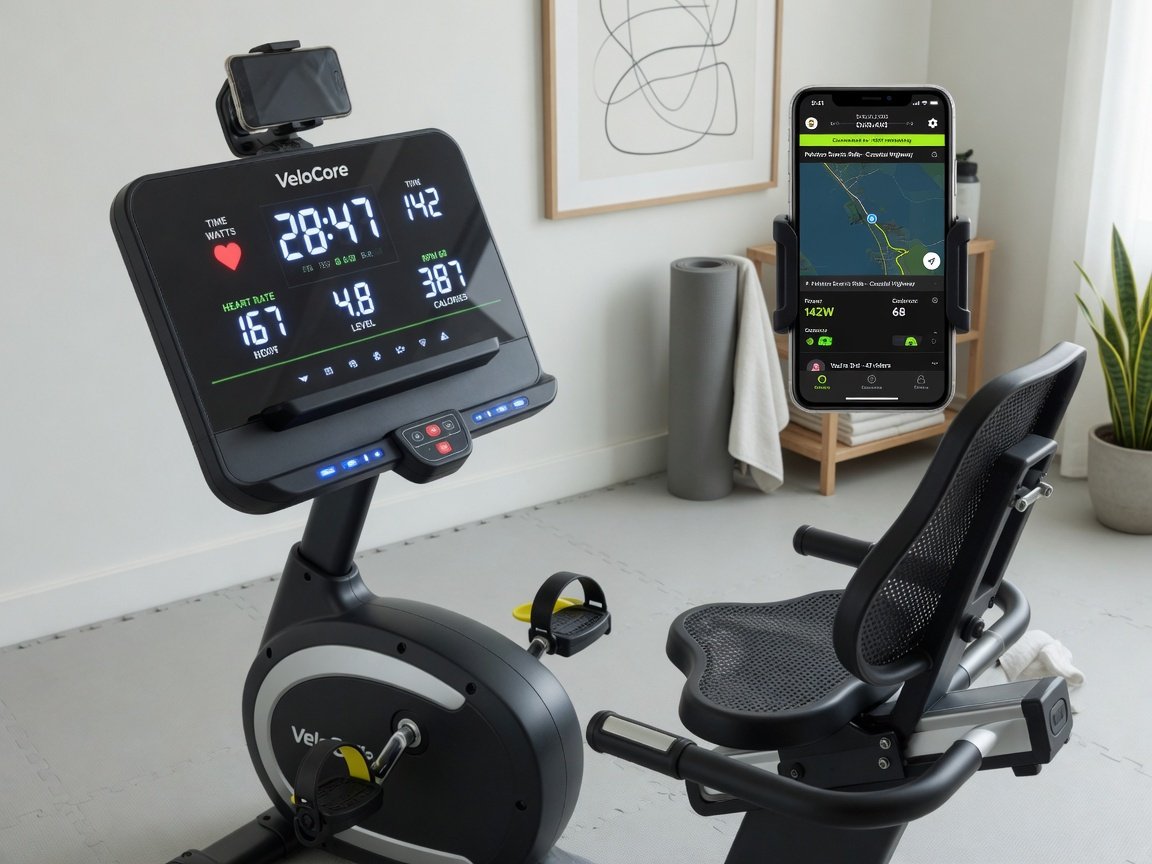A modern recumbent exercise bike with a bright LED display showing workout data, a smartphone mounted on the console