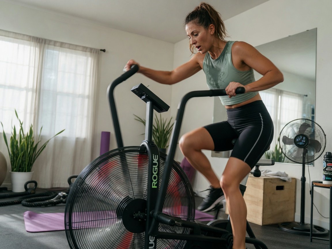 A modern air resistance fan exercise bike with large fan wheel and dual-action push-pull handlebars, captured mid-use
