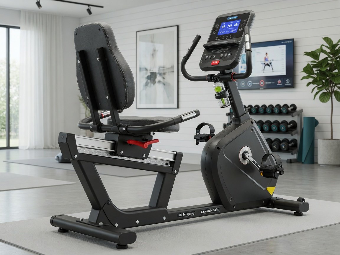 A premium recumbent exercise bike with integrated arm exerciser handles extended outward, wide adjustable padded seat