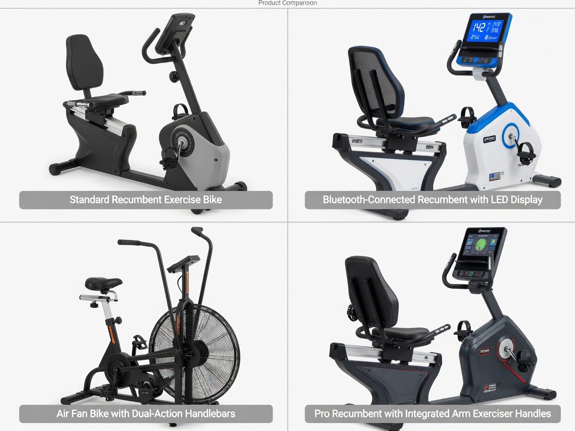 A clean four-panel comparison graphic showing a standard recumbent exercise bike, a Bluetooth-connected recumbent with