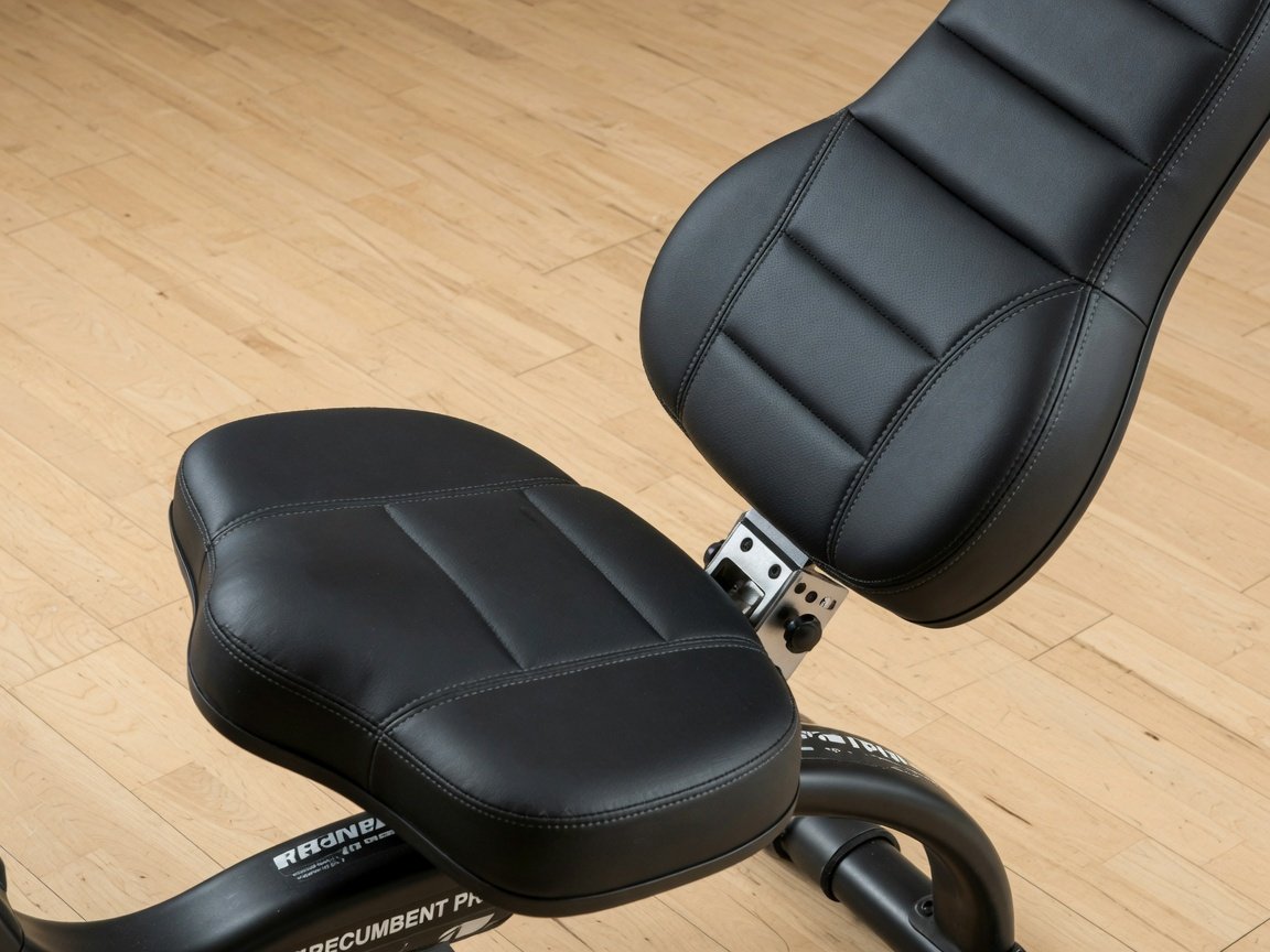 Close-up of a recumbent exercise bike seat and padded backrest showing thick foam cushioning and lumbar support, on a