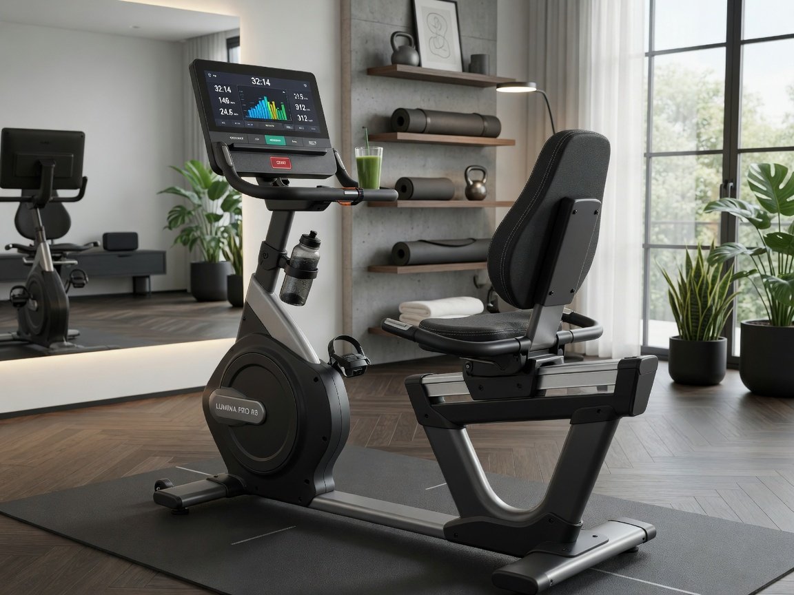 Premium recumbent exercise bike in a modern home gym setting, solid steel frame, digital console display, clean design