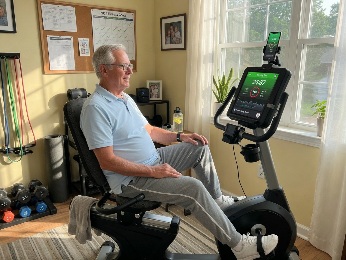 Senior man pedalling a recumbent exercise bike in a bright home gym, smartphone on the handlebar console showing a