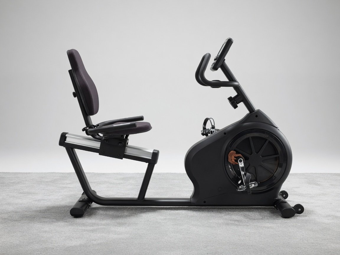 Side view of a recumbent exercise bike with a minimalist clean design, magnetic resistance flywheel housing visible, on