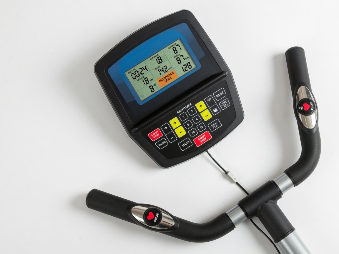 Overhead flat-lay of a recumbent exercise bike console showing a digital LCD display, resistance control buttons, and