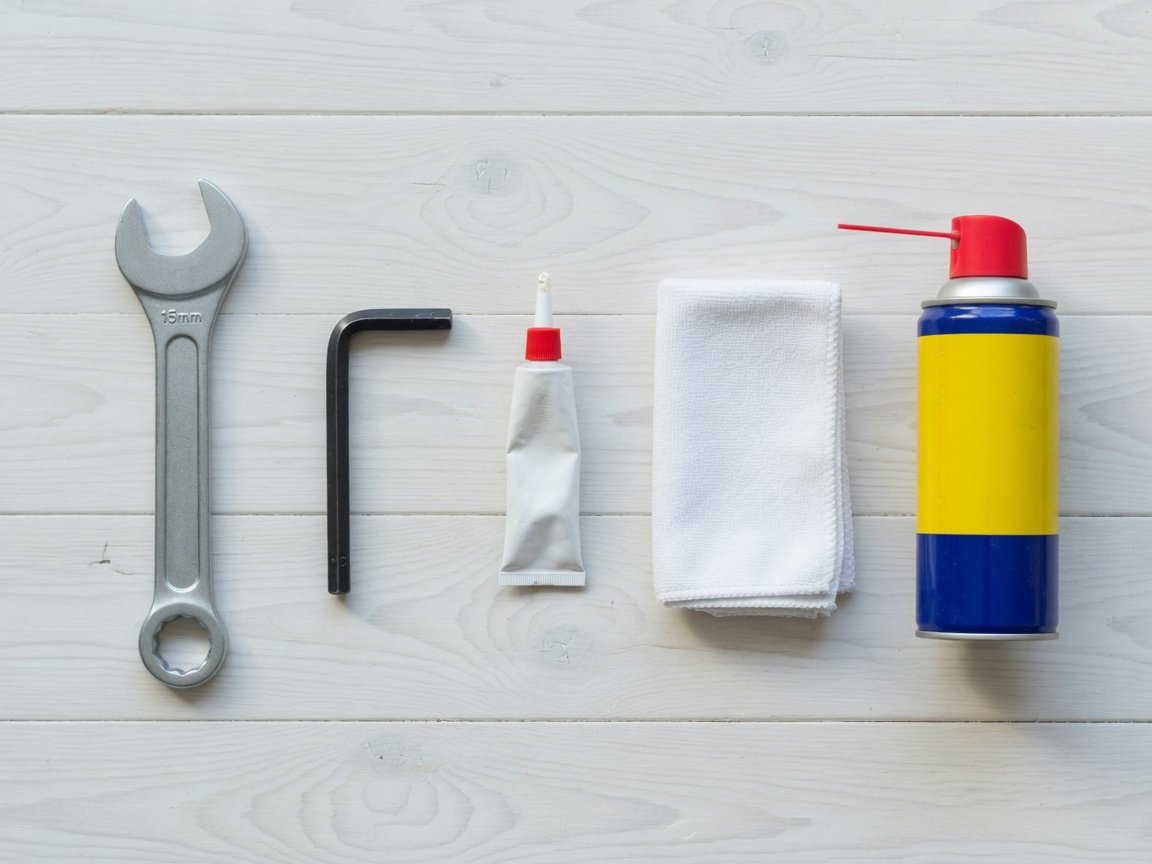 Exercise bike maintenance tools laid flat: pedal wrench, Allen keys, bike grease, microfibre cloth