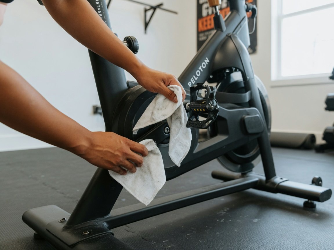 Person wiping down exercise bike pedal and crank area with a cloth as part of monthly maintenance routine